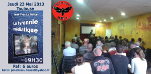 Annonce et photo de la conférence de Jean-Yves Le Gallou au Clocher de Rodez en 2013.