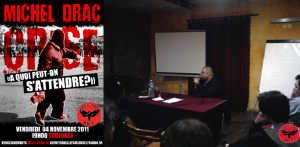 Annonce et photo de la conférence de Michel Drac au Clocher de Rodez en 2011.